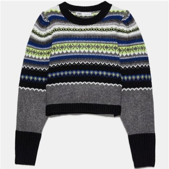 ZARA NEW WOMAN JACQUARD KNIT SWEATER PUFF SLEEVES CROPPED Size M NWT - Picture 2 of 9